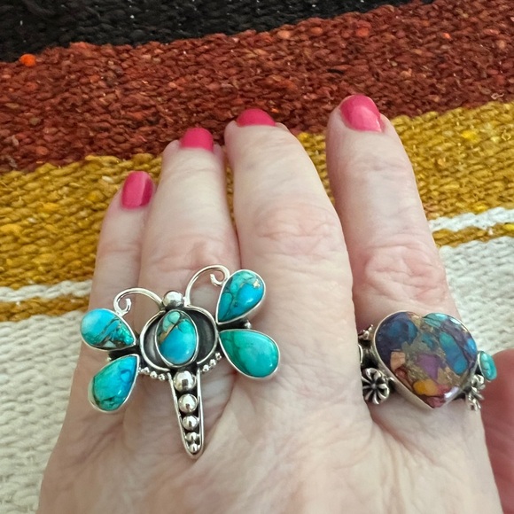 ❤️ Kingman Dahlia Turquoise Sterling 925 Butterfly Dragonfly Ring Navajo Sz 6.75 - Picture 3 of 17